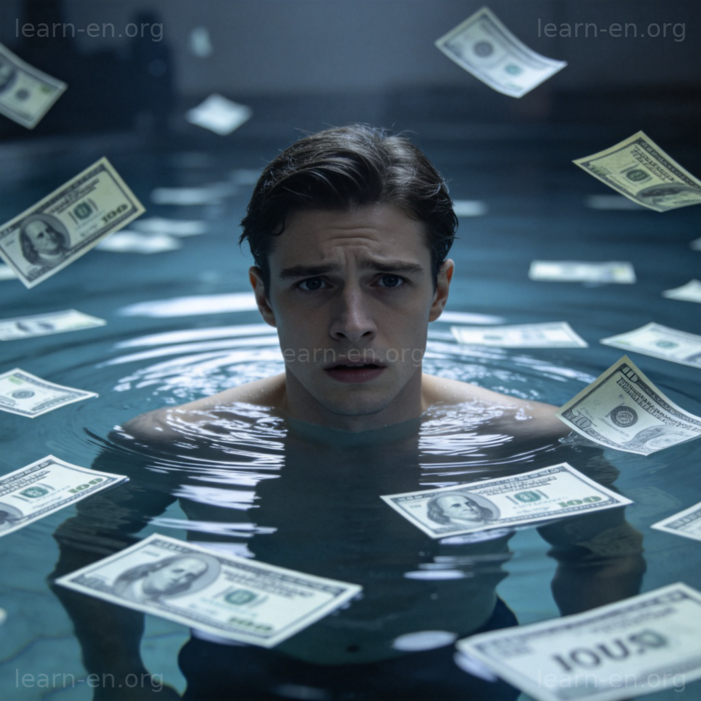 Up to my neck idiom meaning deep in debt illustration