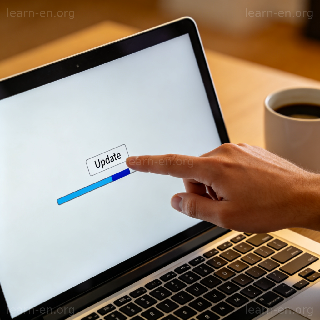 Update Software 图解：笔记本电脑屏幕上点击更新按钮，进度条显示更新中