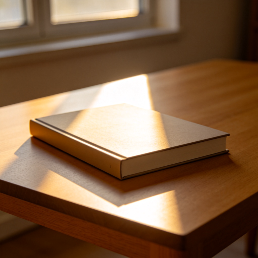 A modern-looking hardcover book resting flat upon a clean wooden table. The book is closed, and sunlight from a window falls directly upon its cover. The focus is sharp on the book and the surface it's on, with a slightly blurred, simple background. No people or text in the image.