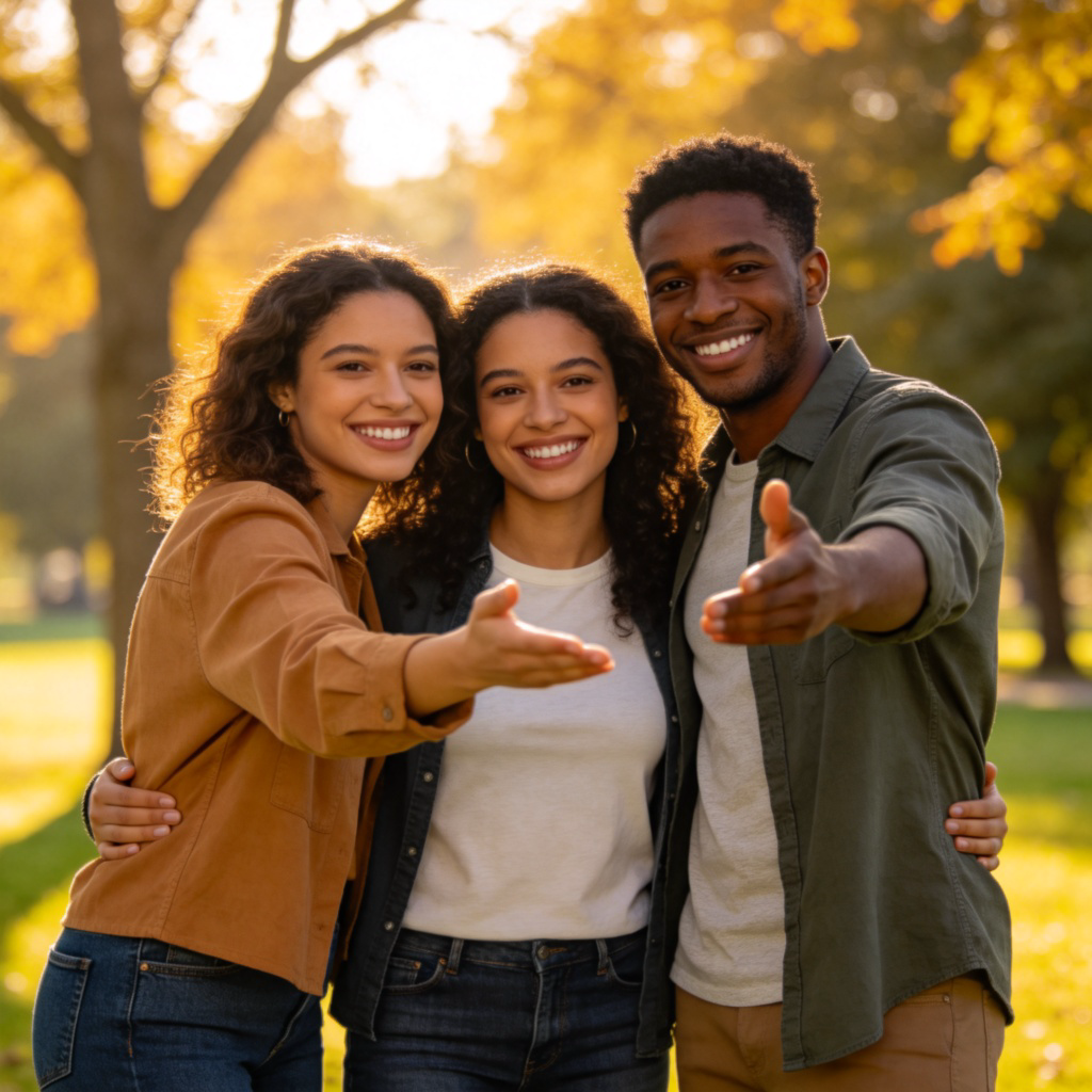 A diverse group of three people, two women and one man, smiling and standing close together in a sunny park. One person is gently pointing towards the group with an open hand, as if saying 'us'. They are dressed casually, with natural lighting highlighting their friendly expressions. The background shows trees and grass, but the focus is on their unity and gesture. No text or logos.