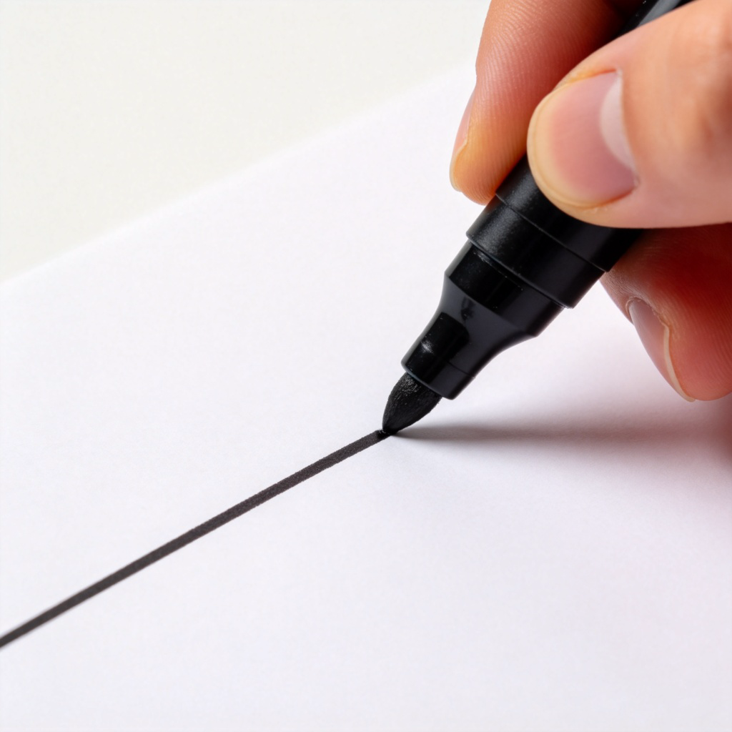 A close-up shot of a person's hand holding a black marker, actively drawing a straight line on a white piece of paper. The focus is on the tip of the marker touching the paper. Plain background, bright and even lighting. No text.