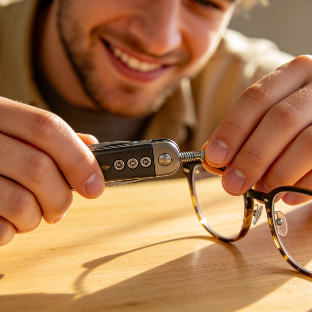 A close-up, well-lit photograph of a person's hands using a multi-tool (like a Swiss Army knife) to tighten a screw on a pair of glasses. The tool's various attachments are visible, and the person's expression is focused and satisfied. The background is a clean, light-colored wooden table, with no other distracting objects or text.
