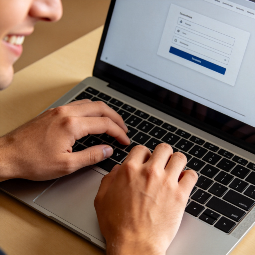 A close-up photo of a person's hands typing on a laptop keyboard, with the screen showing a simple website or app interface. The person is smiling slightly, indicating ease of use. Soft natural light, plain desk background, realistic style. No text or logos in the image.