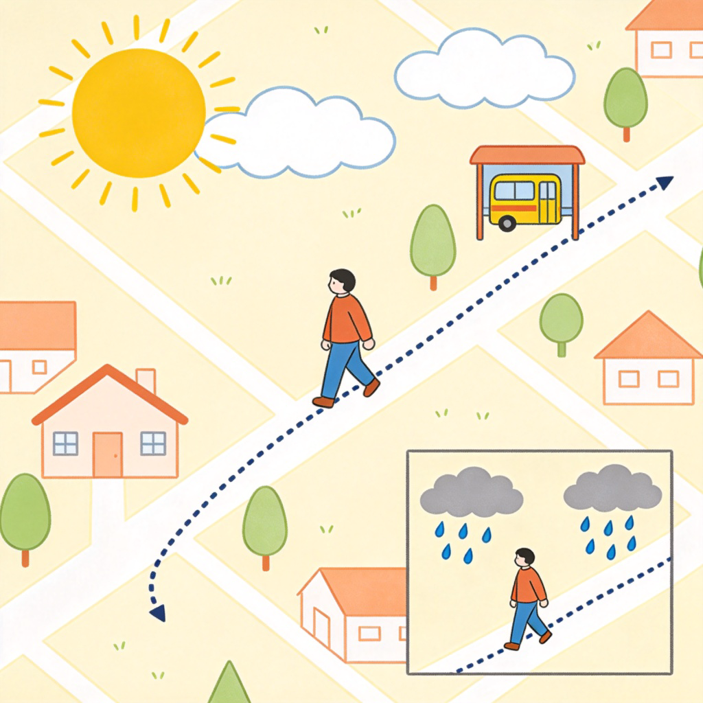 A person walking the same route from home to a bus stop every morning, shown as a dotted line on a simple map of a neighborhood. One scene shows the person walking on a sunny day, and another small inset shows the same scene on a rainy day. The style is clear, friendly illustration. No text.