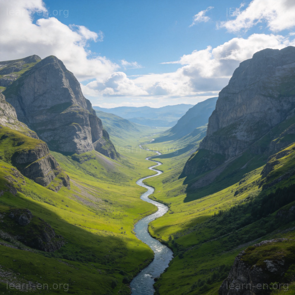 valley 山谷图解：两山之间河流蜿蜒的绿色谷地