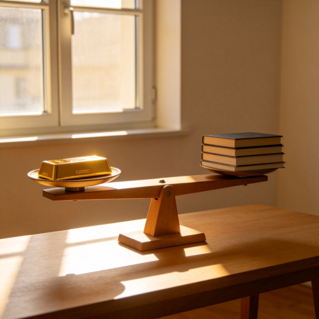 A simple wooden scale on a table. On one side is a gold bar, and on the other side is a stack of books. The scale is perfectly balanced. Sunlight streams through a window, highlighting the objects. Clean, minimalist background. No text.