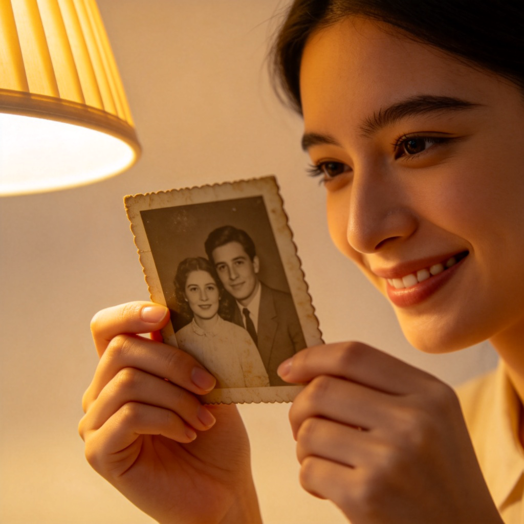 A person's hands gently holding an old, slightly faded family photograph in a frame. The person is looking at it with a soft, warm smile. Soft, natural lighting from a nearby lamp. Plain, light-colored background to focus on the hands and photo. No text.