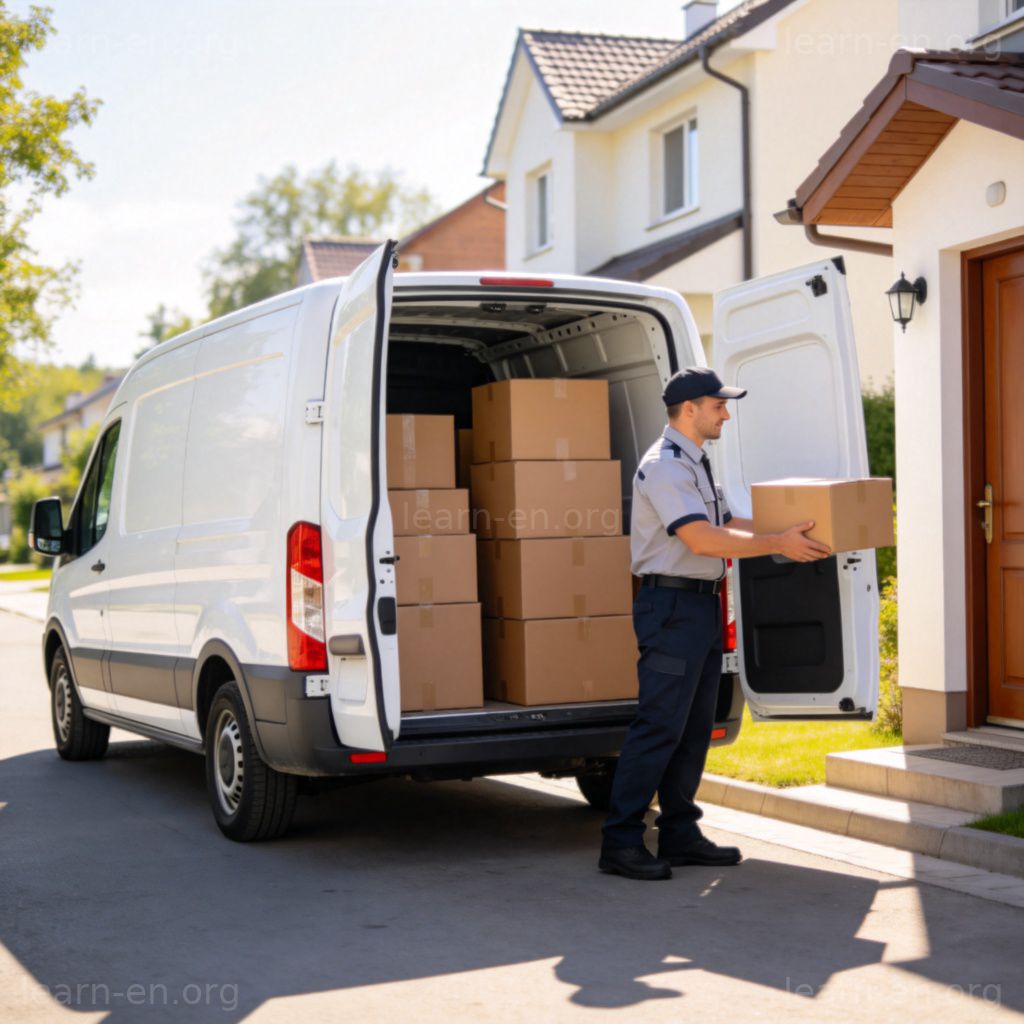 van厢式货车图解：白色送货车辆在居民区配送包裹场景