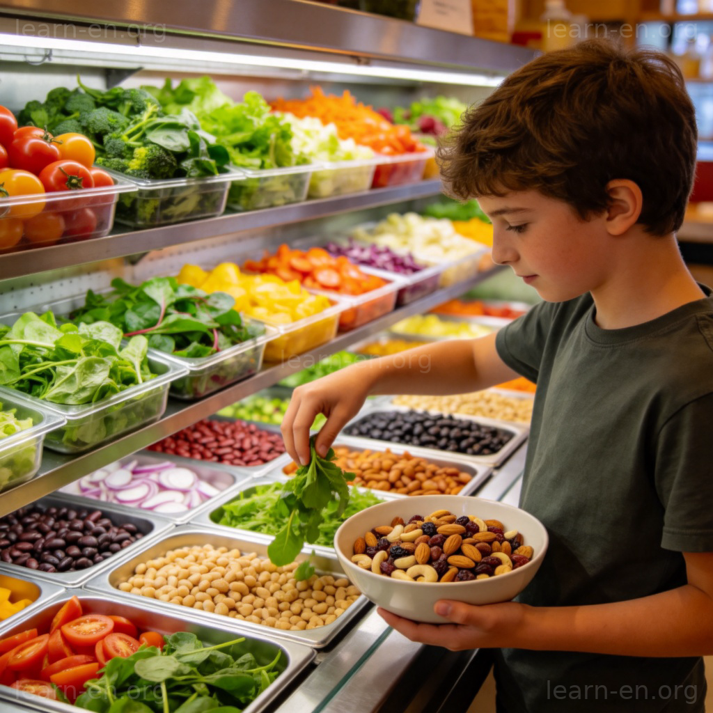 Vegan 纯素主义者在沙拉吧挑选植物性食材的场景图解