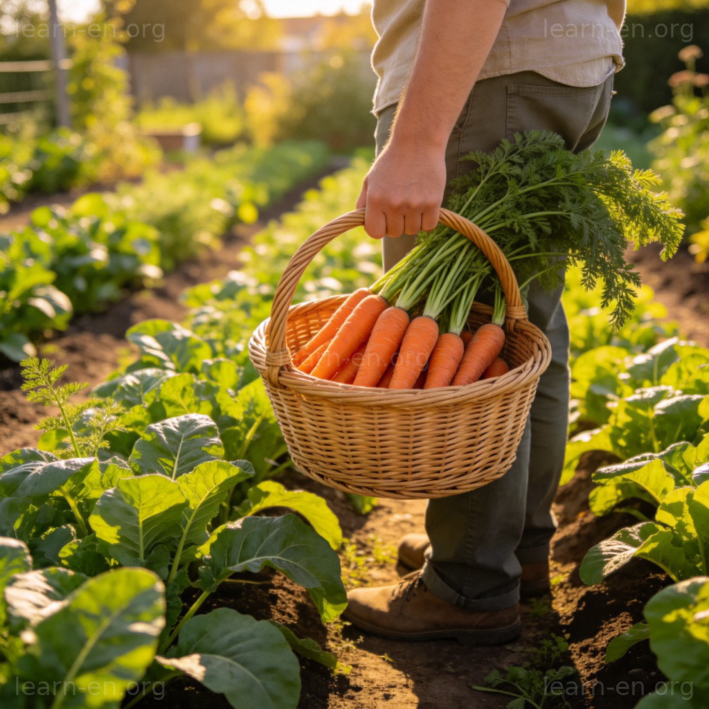 Vegetable garden 核心词图解：阳光后院整齐菜畦与新鲜采摘胡萝卜