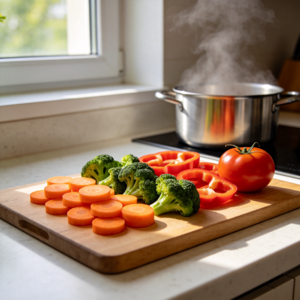 vegetable 蔬菜图解：厨房案板上新鲜切好的胡萝卜、西兰花、彩椒和番茄