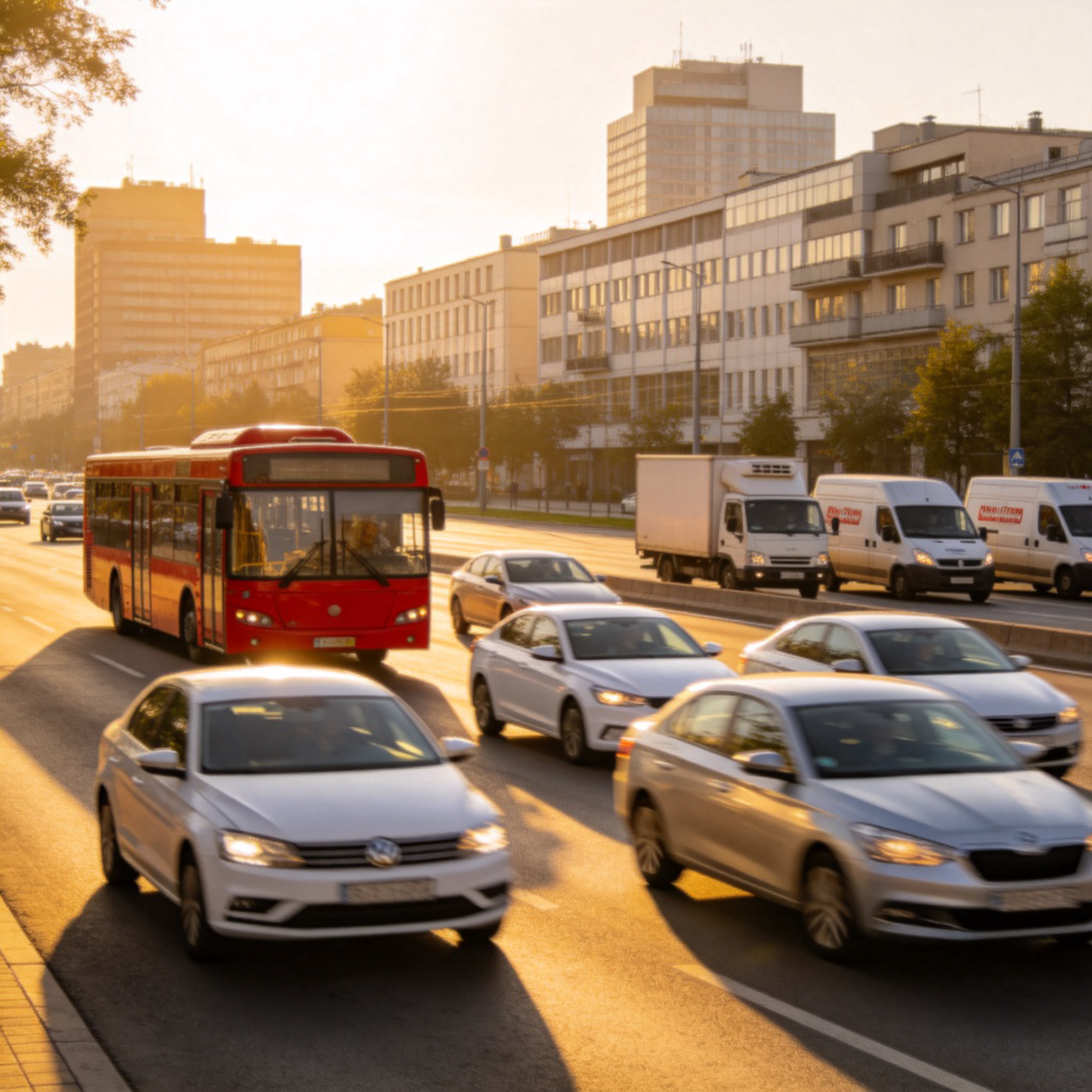 A wide shot of a well-paved city road with various vehicles on it: a red public bus, a few white and silver passenger cars, and a couple of delivery vans. They are all clearly in motion. Sunny day, clear sky, modern buildings in the background. The focus is on the vehicles as a category, not on any specific one. No text or logos visible.