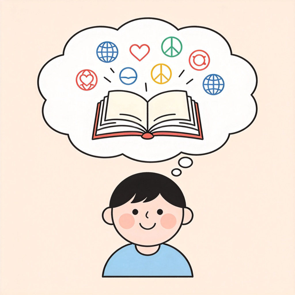 Symbolic representation: A thought bubble above a person's head contains an open book with various international symbols for love, peace, and ideas floating out of it. The person is smiling. Simple, clean cartoon illustration on a plain background. The idea is that the book (language/culture) is the vehicle carrying the ideas. No text.