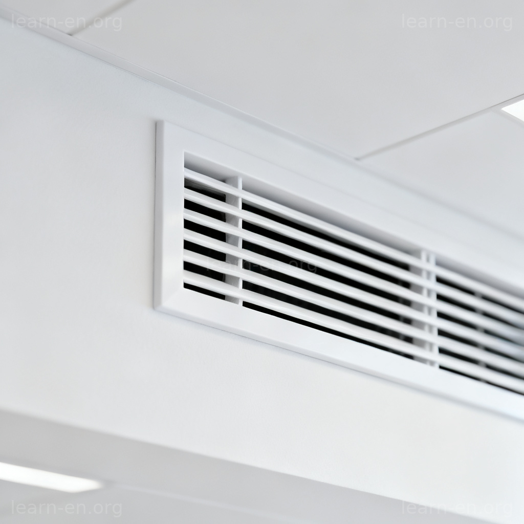 Close-up view of a modern wall or ceiling ventilation grille for air system illustration.
