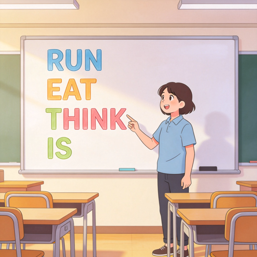 A person, pointing with a finger at a large whiteboard. On the whiteboard, the words 'RUN', 'EAT', 'THINK', and 'IS' are written in big, colorful letters. The person looks engaged, as if explaining. Simple classroom background with natural light. No text or logos on the person's clothing or in the background.