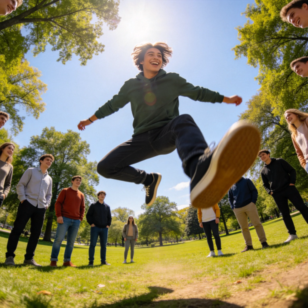 A person jumping high into the air on a sunny day in a park, with a huge smile on their face. The peak of their jump is noticeably above the heads of other people standing nearby, emphasizing the "high degree" of their jump and joy. Clear, vibrant colors, focus on the dynamic motion. No text.