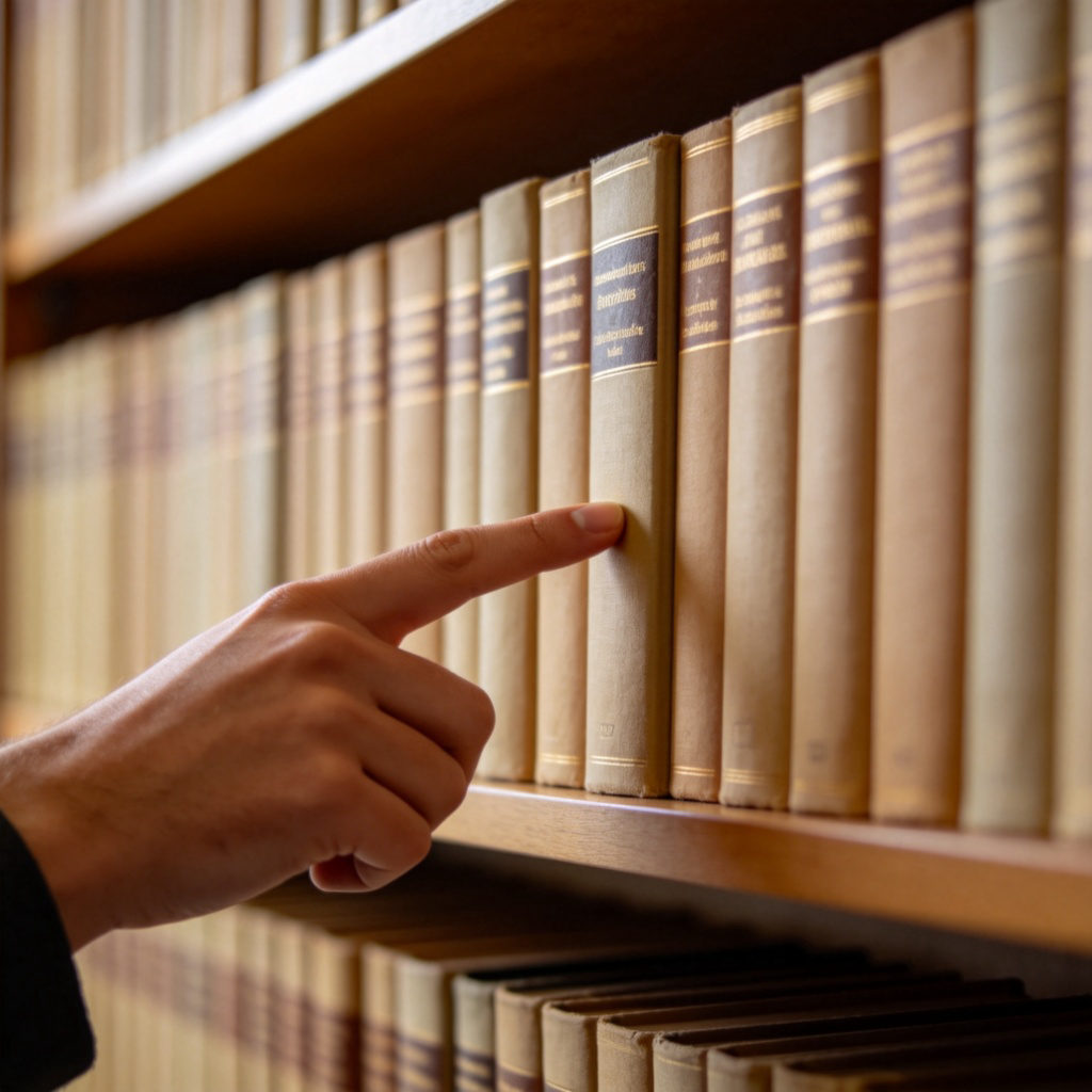 A person pointing directly at a single, specific book on a shelf full of identical-looking books. The finger and the pointed-to book are in sharp focus, while the rest of the shelf is slightly blurred. The scene conveys the act of identifying one precise item among many similar ones. Natural indoor lighting. No text.