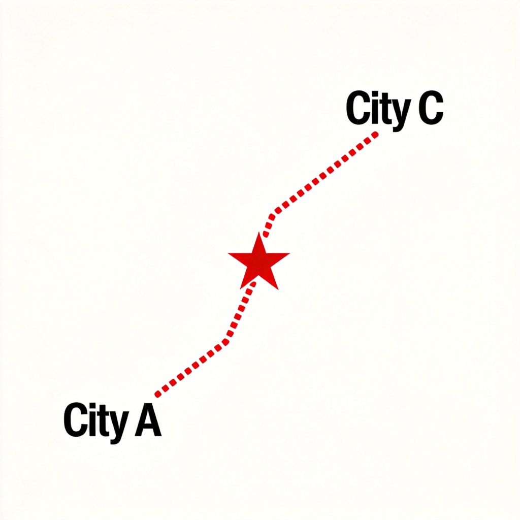 A clear, simple road map showing a route from city A to city C. A bold, red dotted line starts at city A, goes through city B (marked with a prominent dot or star), and then continues to city C. The background is plain, and the focus is entirely on the line showing the journey ‘via’ the middle point.