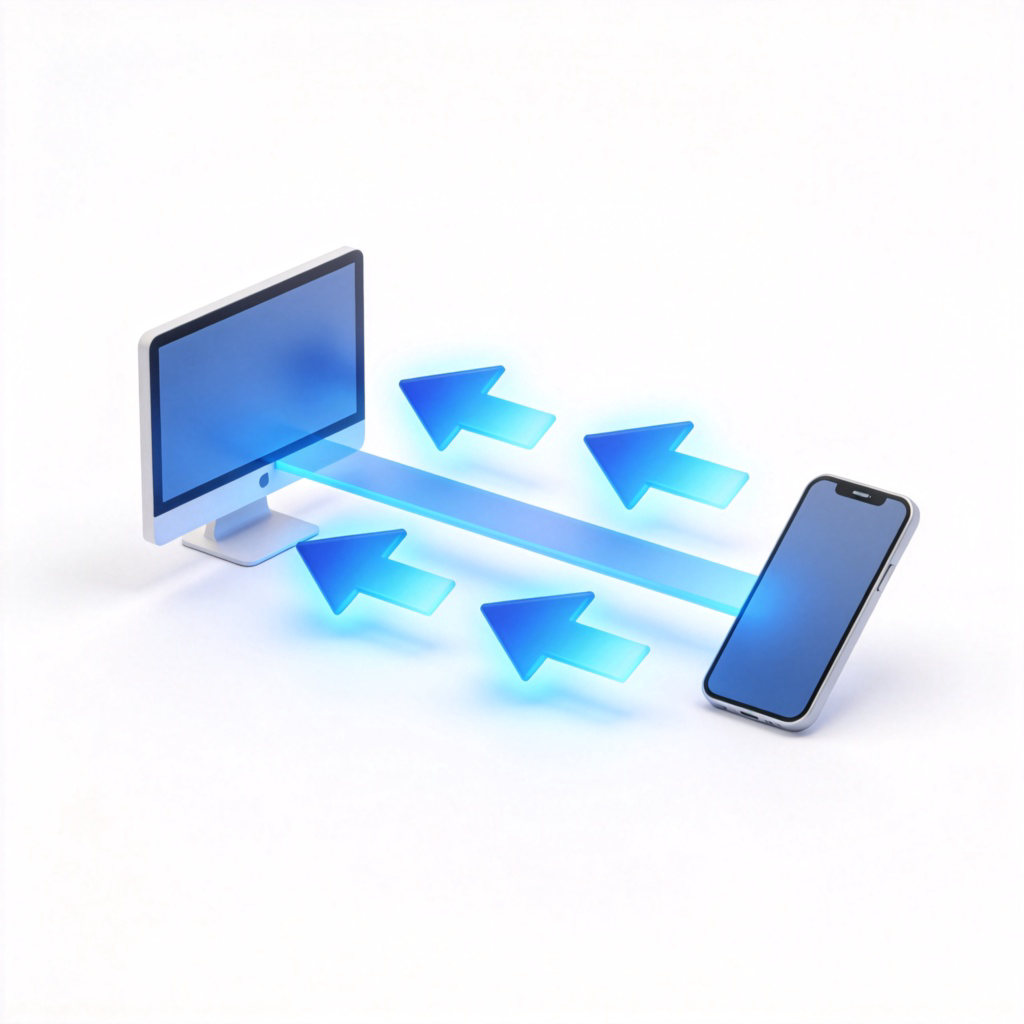 A stylized diagram showing two computers or phones. Between them are several abstract, glowing lines or arrows representing data flow, connecting one device to the other. The image is clean, modern, and clearly shows connection and transmission 'via' a network.