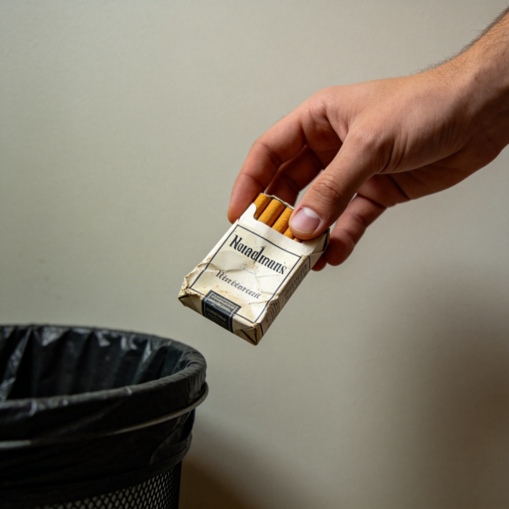 A close-up shot of a person's hand hesitating between a pack of cigarettes and a bin. The cigarette pack looks crumpled and old. The background is a plain wall, with soft, natural lighting. The person's expression is thoughtful and determined. No text or logos.