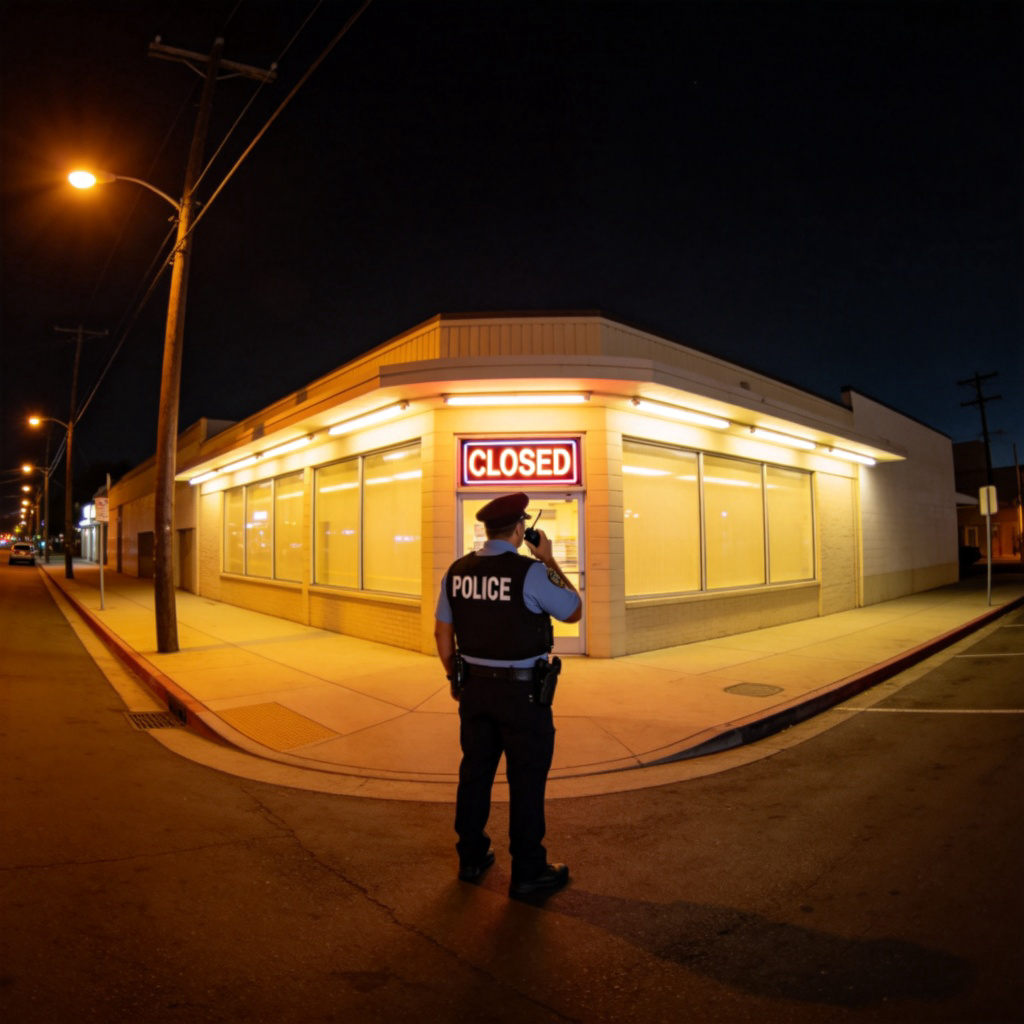 An overhead view of a police officer in uniform, wearing a vest labeled 'POLICE', standing outside a brightly lit building with a 'CLOSED' sign. The officer is talking into a radio. The scene is at night, with streetlights casting a glow. No faces are clearly visible. No text.