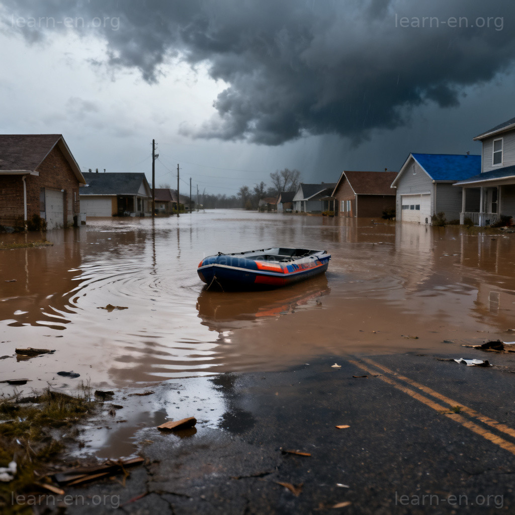 Victim of disaster: flooded neighborhood scene showing impact of natural catastrophe on homes.