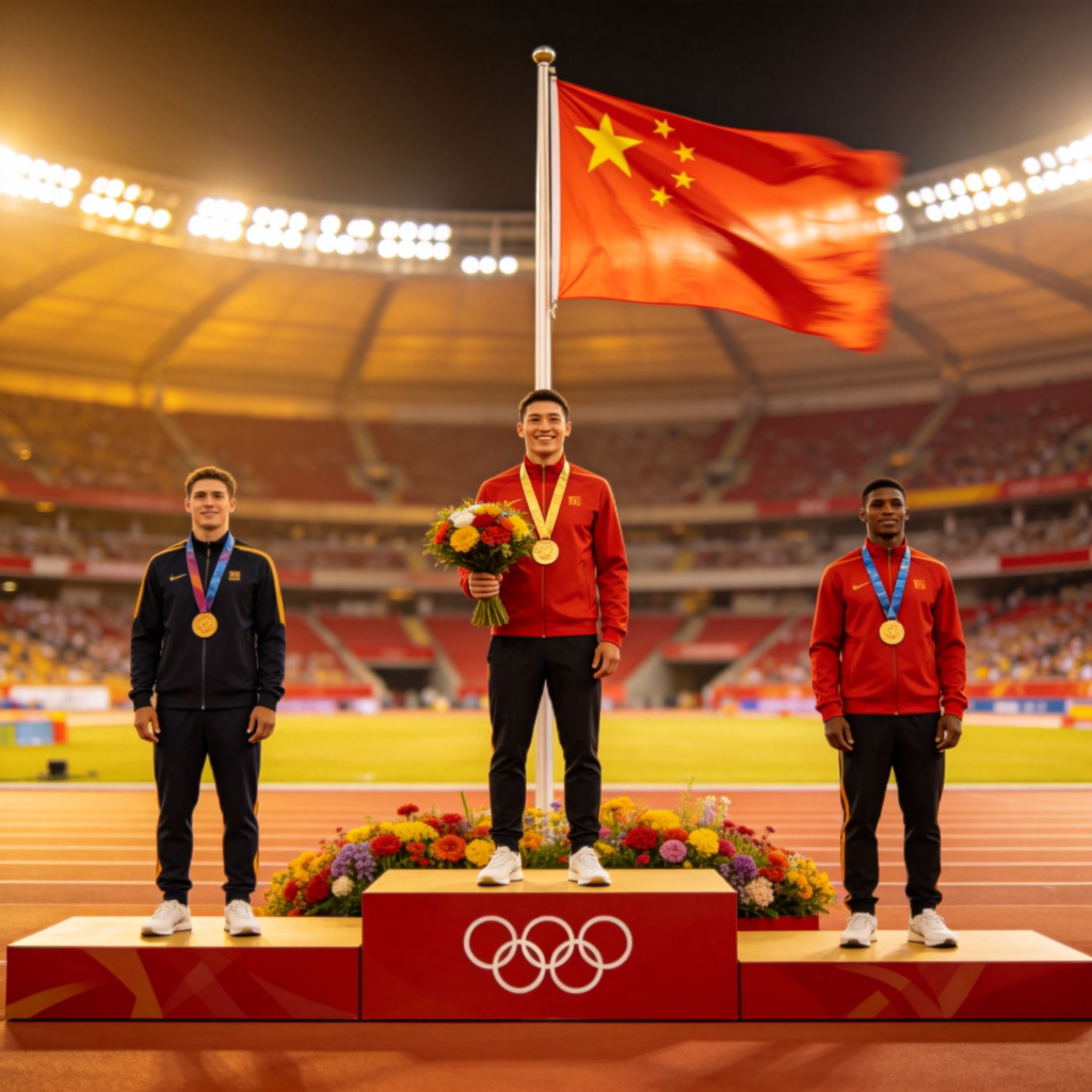 A wide-shot of an Olympic podium after a race. The center figure stands tall on the highest step, wearing a gold medal, holding a bouquet of flowers, and smiling broadly with their national flag rising behind them. The other two medalists stand on lower steps. The stadium is blurred in the background, with a sense of celebration. No text.