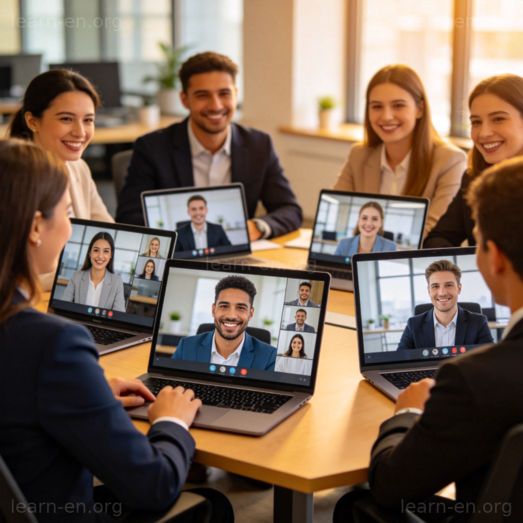 Video Conference 视频会议场景图解：多人通过屏幕进行商务会议