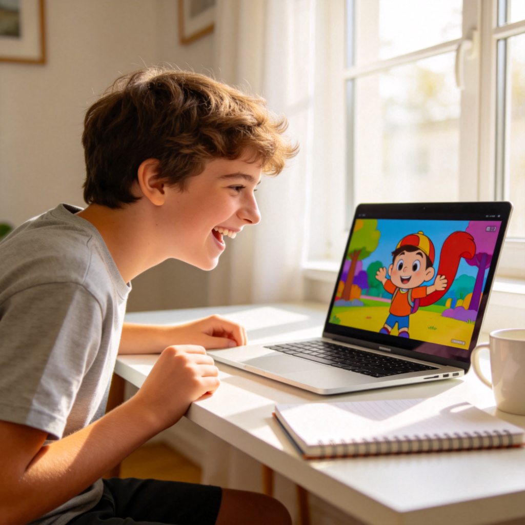 A cheerful teenager sitting at a desk in a bright room, looking at a laptop screen that shows a colorful cartoon video. The person is smiling and leaning forward slightly, showing engagement. The desk is tidy with a notebook and a cup. Natural light from a window illuminates the scene, focusing attention on the laptop screen and the person's reaction. No text or logos are visible in the image.