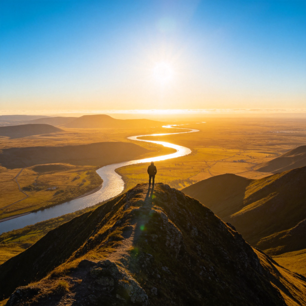 A person standing at the edge of a cliff or a mountain peak, looking out over a vast, sunlit valley with a river winding through it. The person's back is to the camera, emphasizing what they are seeing. The scene is bright, clear, and expansive. No text.