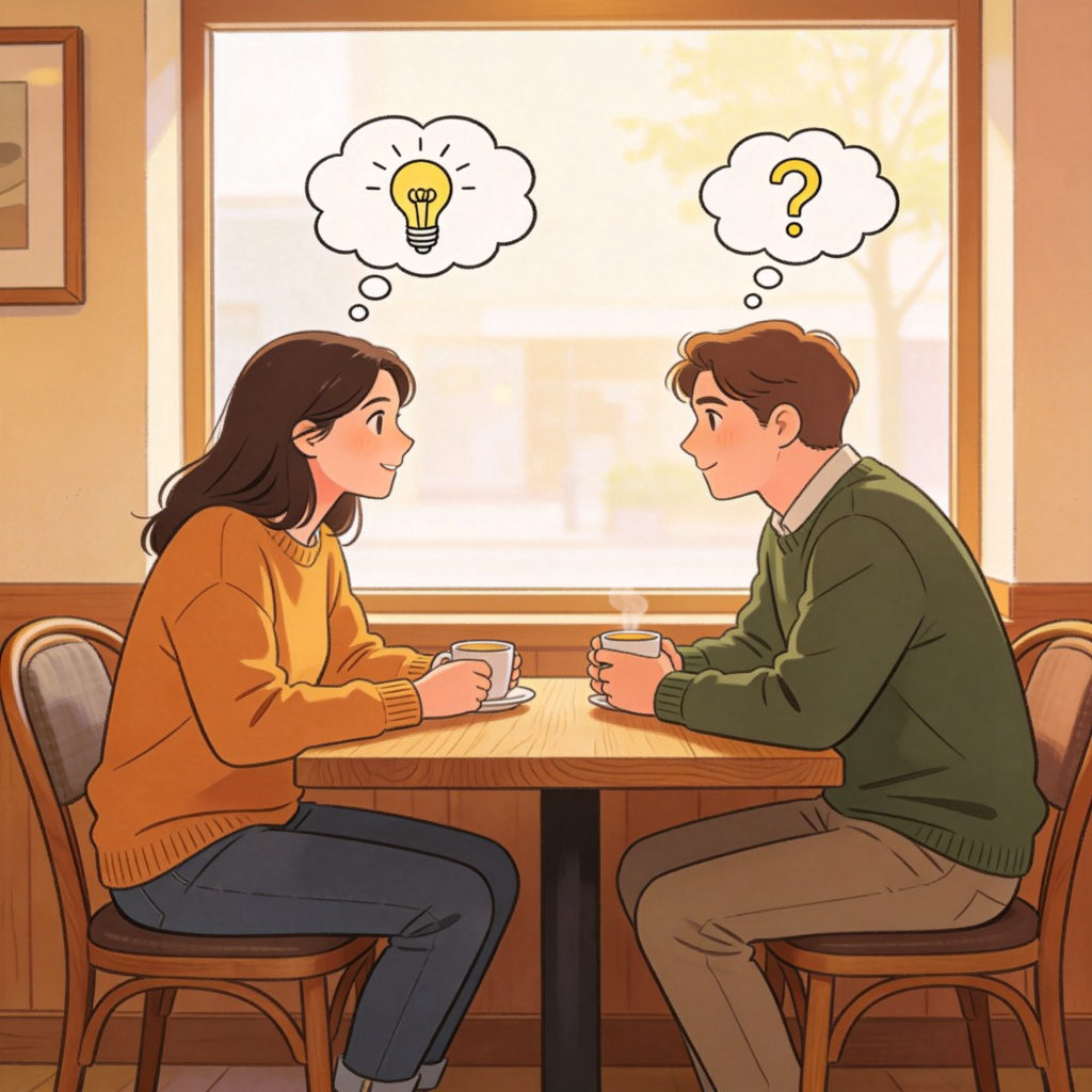 Two people sitting at a cafe table, engaged in a friendly discussion. Above their heads are simple, thought bubble illustrations: one shows a light bulb, and the other shows a question mark, symbolizing the exchange of different ideas and personal views. The atmosphere is calm and conversational. No text.