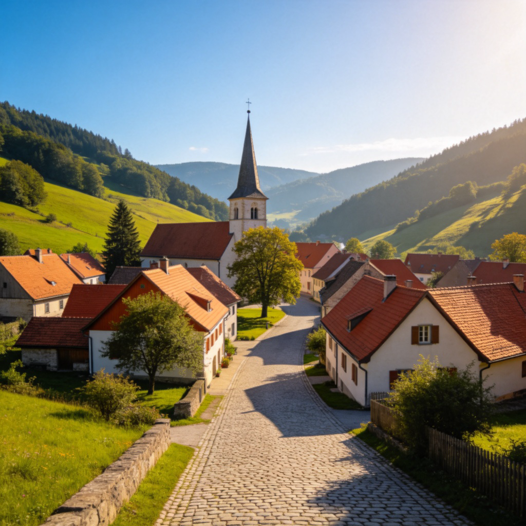 A wide-angle photo of a small, traditional European village nestled in a green valley. The scene includes a cluster of houses with red roofs, a church with a pointed spire, and a few trees. A quiet cobblestone street leads through the center. It is daytime with clear blue sky and soft sunlight. No text or people are prominently visible.
