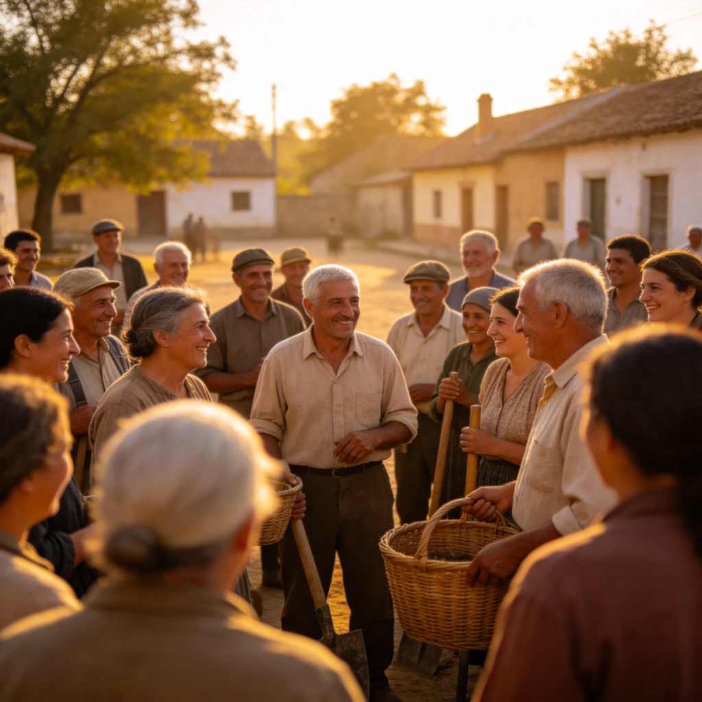 A group of diverse people of different ages gathered in a village square. They are smiling and talking, some holding tools or baskets, suggesting a community event or meeting. The focus is on their interaction and collective presence, not on individual faces. The background shows simple village houses and trees. The mood is warm and cooperative. No text.
