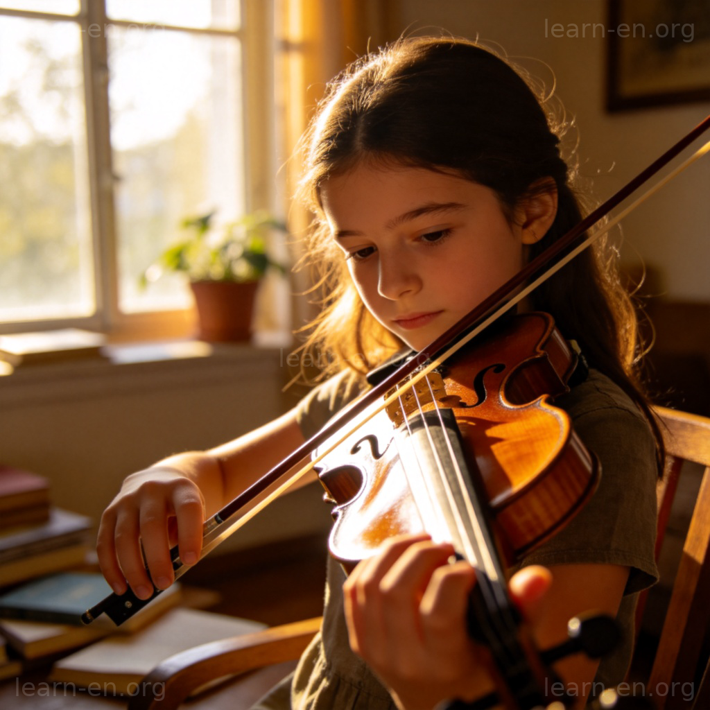 violin 小提琴图解：女孩在阳光房间专注拉奏棕色小提琴