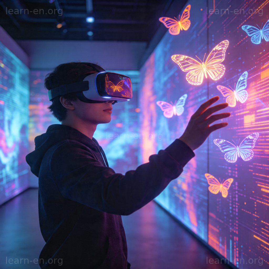 Visite immersive : utilisateur avec casque VR interagissant avec papillons virtuels