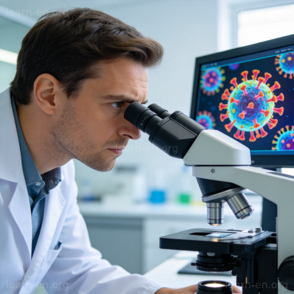 virus病毒含义图解：医生用显微镜观察病毒颗粒