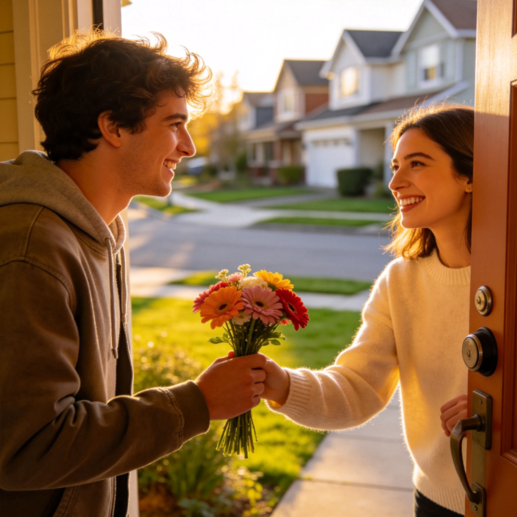 A happy person ringing the doorbell of a friend's house, holding a small gift or flowers. The friend is opening the door with a smile. Sunny day, residential street in the background. Warm, welcoming atmosphere. No text.