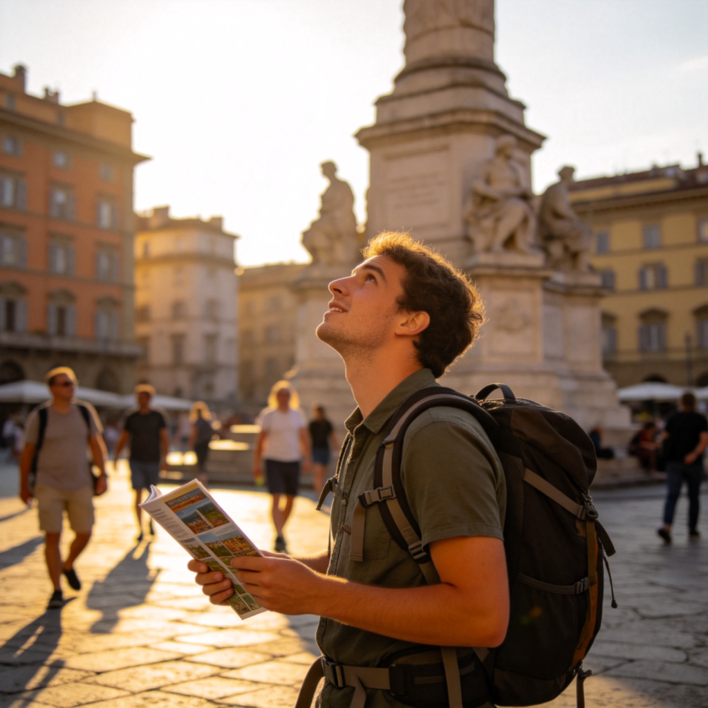 A tourist wearing a backpack and holding a guidebook, looking up at a large historical monument or statue in a city square. The sun is shining, other people are in the background. Focus is on the tourist's curious and impressed expression. No text.