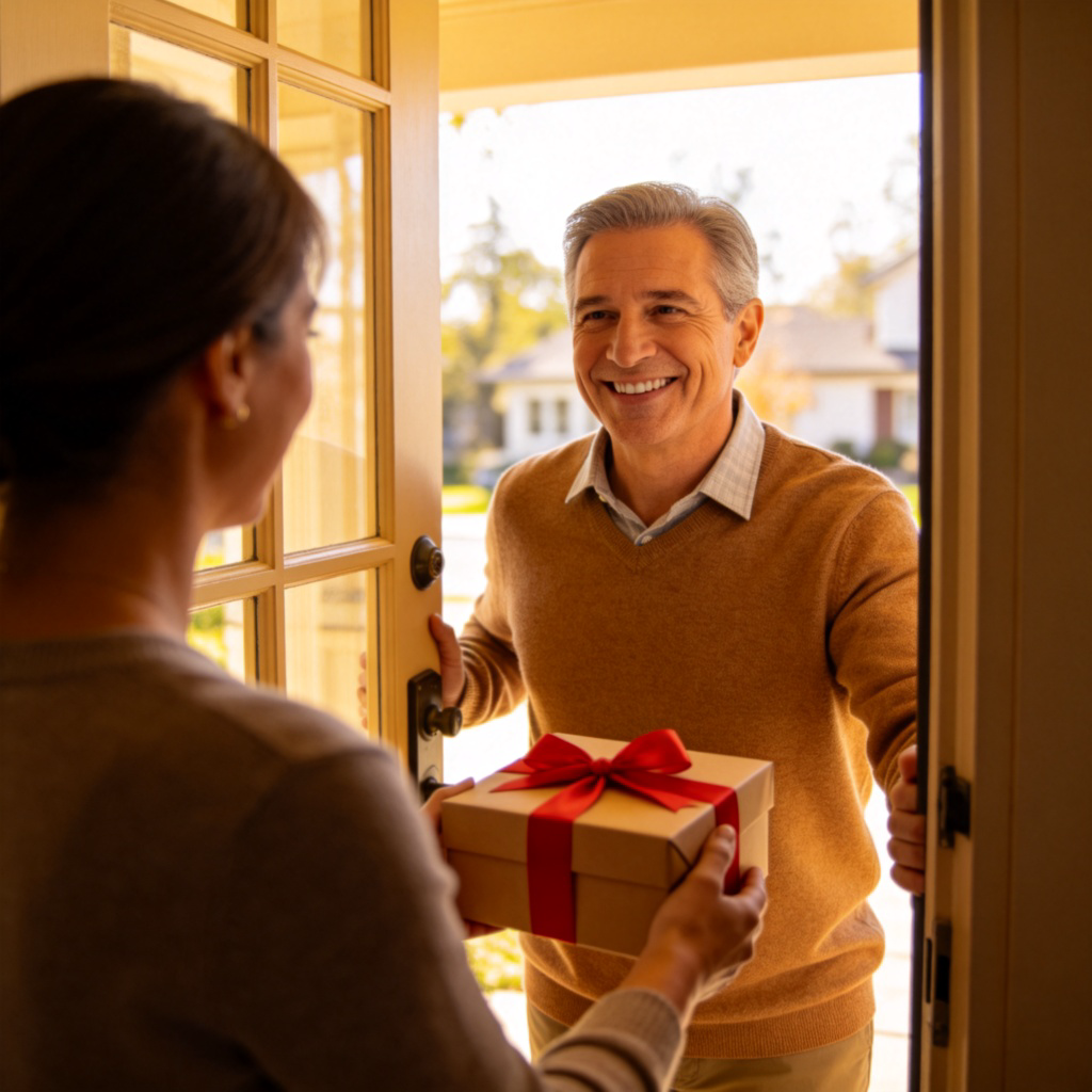 A warm and welcoming scene at the front door of a home. A smiling person (the host) holds the door open. Another person (the visitor) stands outside on the doorstep, holding a small gift or flowers, about to step inside. Daylight, friendly expressions. The focus is on the interaction between the host and the visitor. No text.