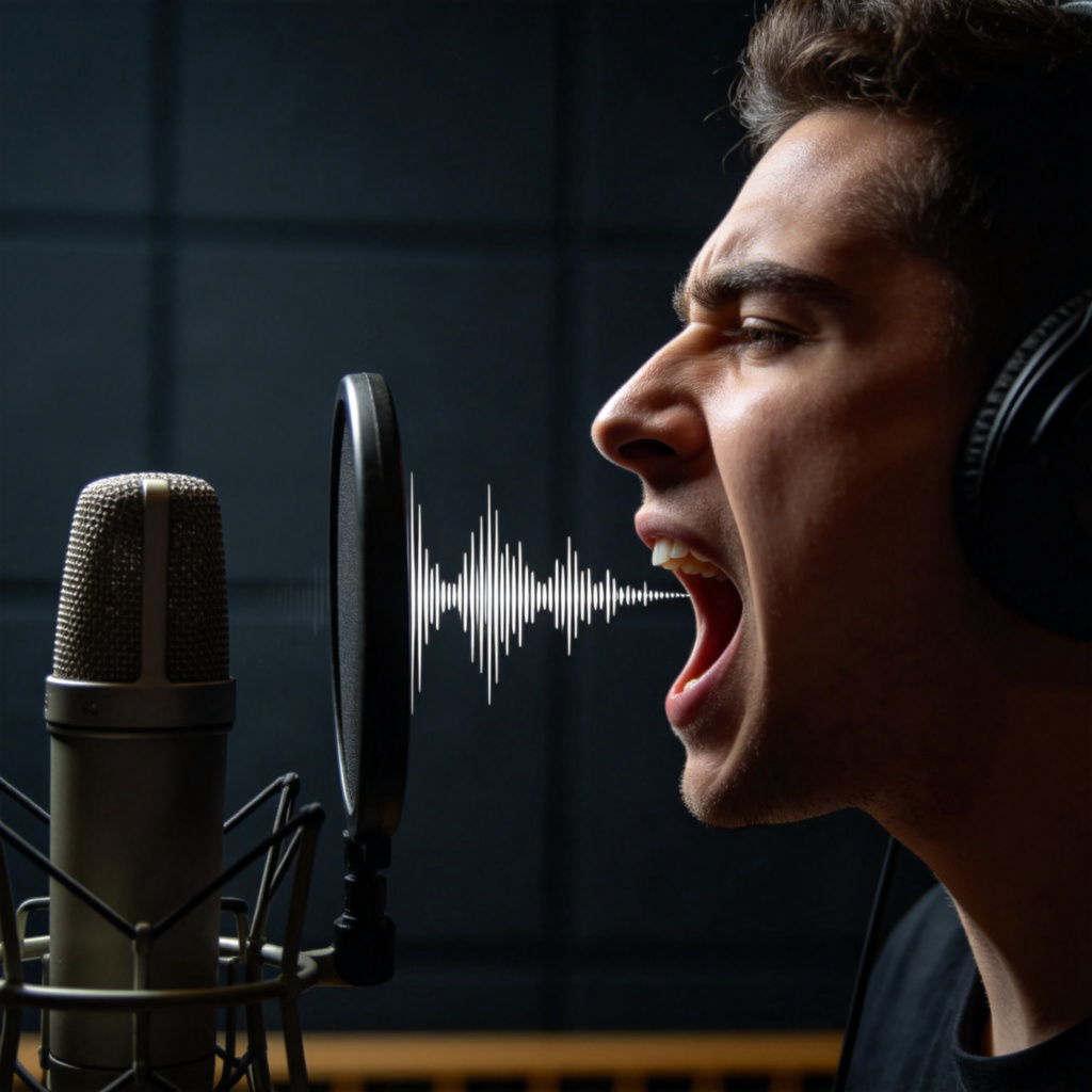 A close-up side view of a person singing into a microphone, mouth open, with sound wave lines emanating from their mouth. The person has a focused expression, and the background is a simple, dark recording studio wall. Sharp focus on the face and microphone. No text.