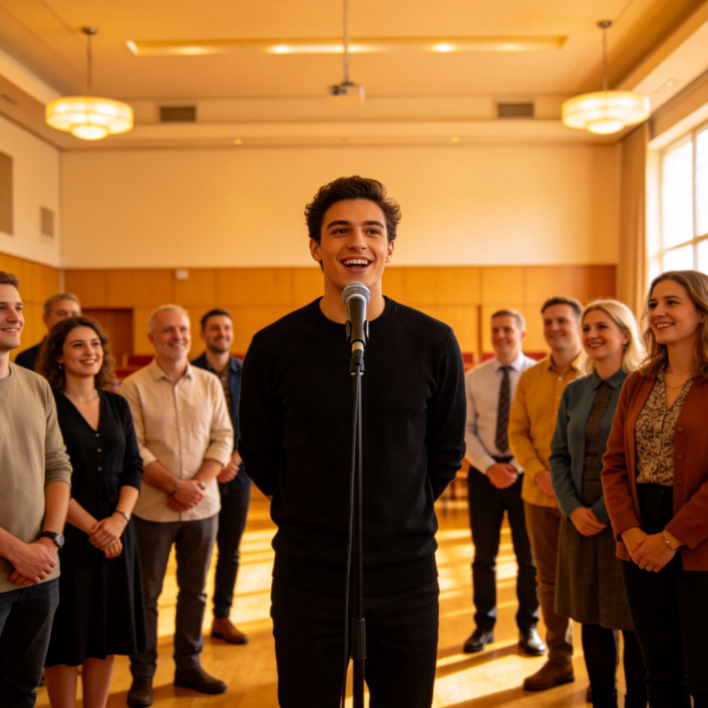 A diverse group of people standing together, with one person in the center speaking into a microphone. The listeners around are nodding and looking engaged. They are in a modern community hall with simple decor. Warm lighting, focus on the speaker's confident expression and the attentive audience. No text.
