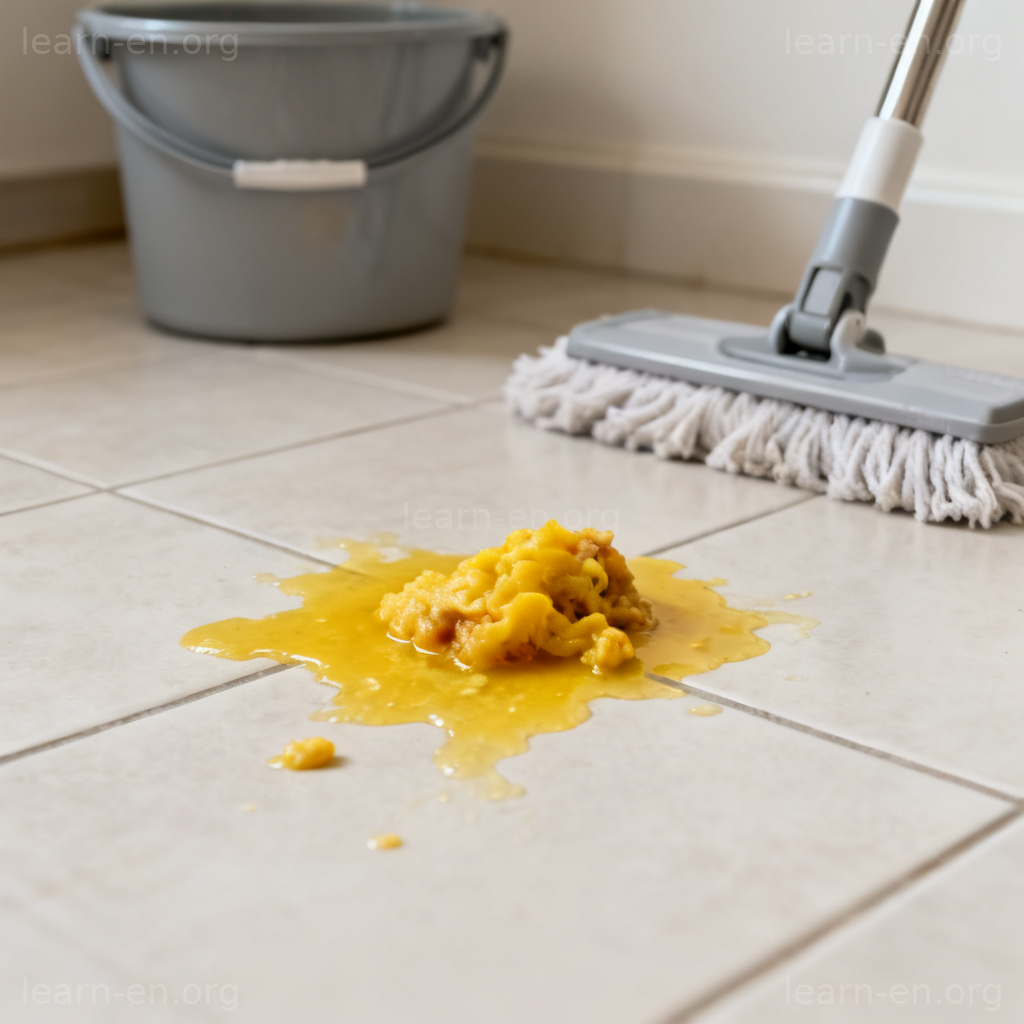 Close-up of vomit on tiled floor with mop