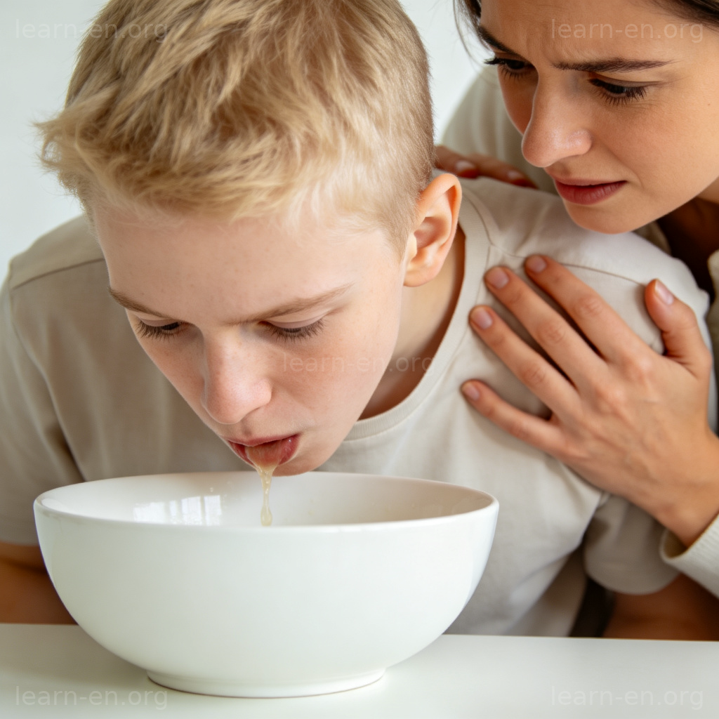 Vomiting person with bowl and family comfort nearby