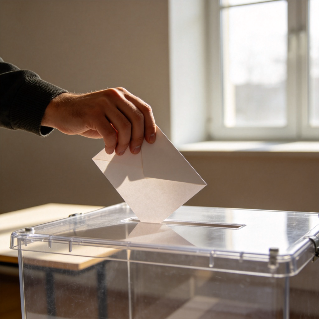 An adult person, hand holding a folded paper ballot, is dropping it into a clear ballot box on a simple table. Soft natural lighting from a window, realistic photo style, focus on the hand and the action of voting. Plain background. No text or numbers visible.