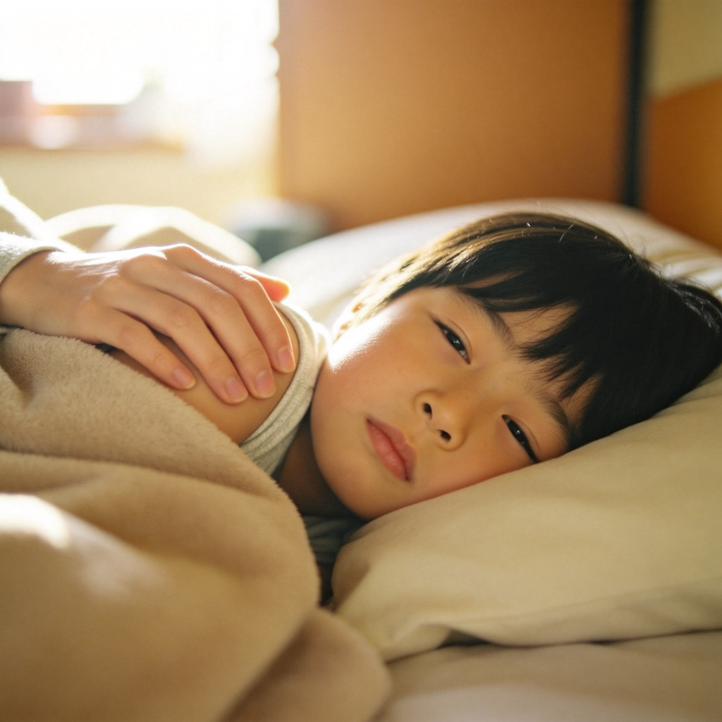 wake 含义图解：清晨父母温柔唤醒床上孩子的场景