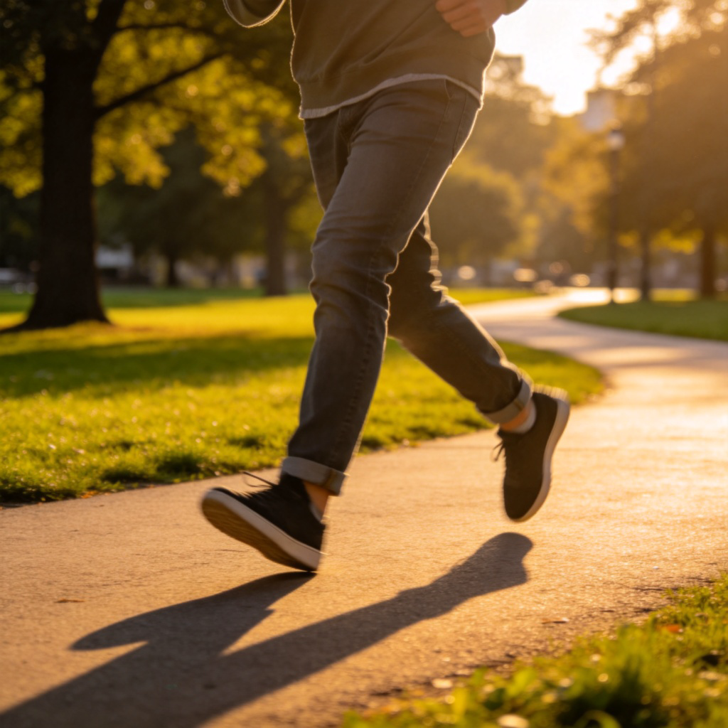 A person walking along a sunlit paved path in a city park, viewed from the side. The person is mid-stride, one foot forward. They are wearing casual clothes. The background shows green grass and trees, with the path leading into the distance. The focus is on the walking motion. No text.