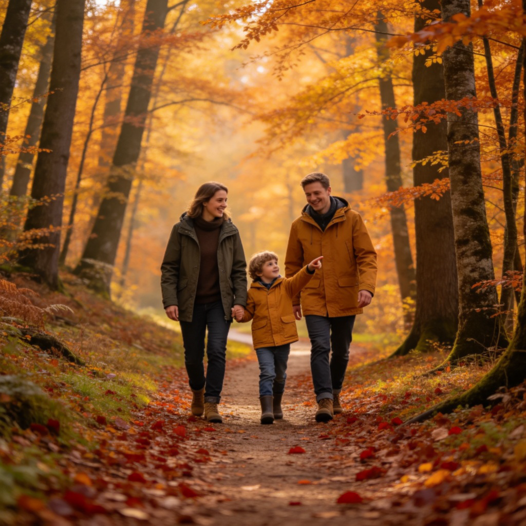 A family of three (two adults and a child) walking together on a forest trail during autumn. They are smiling, wearing jackets, and the child is pointing at something in the trees. The scene emphasizes walking as a family activity in nature. The path is covered with fallen leaves. No text.