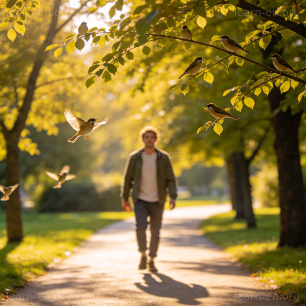 Walking on a sunny park path surrounded by trees and birds