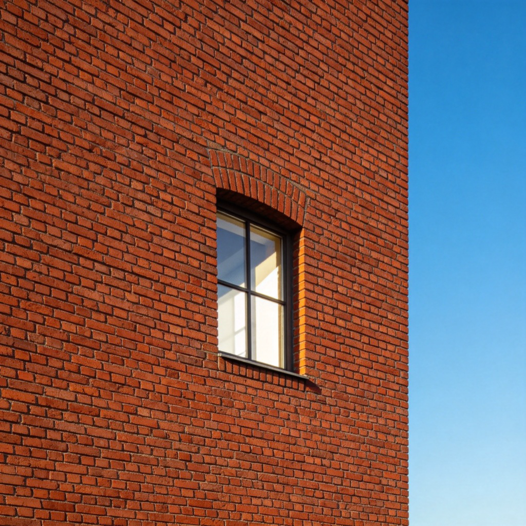 A clear, side-view photograph of a solid red brick wall with a window set into it. The wall is vertical and takes up most of the frame. Daylight comes through the window. The background is simple, perhaps a blue sky. The focus is on the texture of the bricks and the solidity of the structure. No people or text in the image.