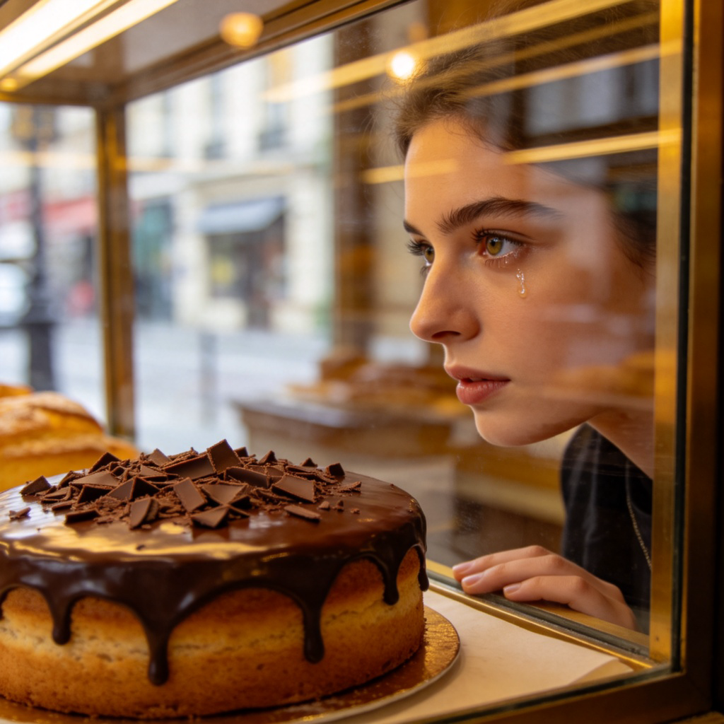 A person standing in front of a bakery window, looking longingly at a freshly baked chocolate cake. Their eyes show desire, with the cake in sharp focus and a blurred background. Realistic style, soft natural lighting, no text or logos.